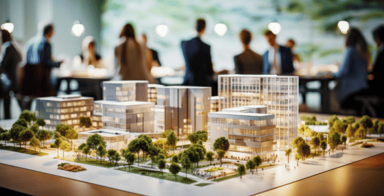 A scale model of a commercial real estate development.
