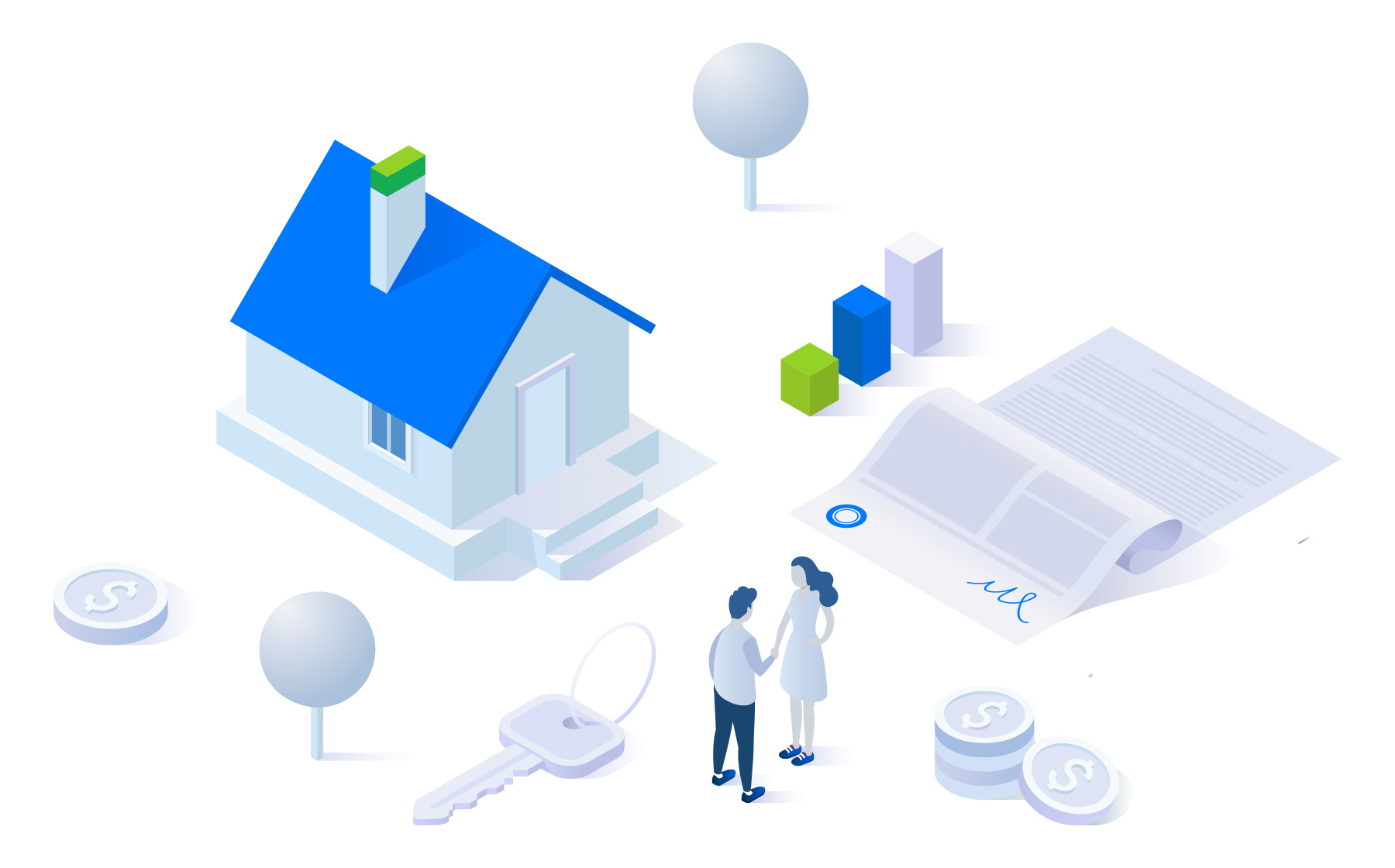 An illustration of two people exchanging a handshake surrounded by property purchasing paraphenalia